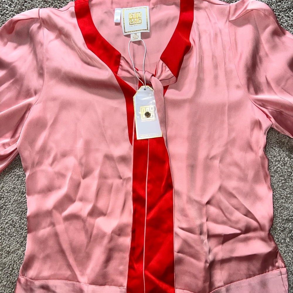 Emily McCarthy Silk Blouse in Pink and Red M read description tie front